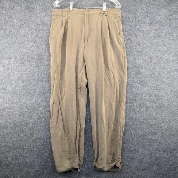 AXIS LA Men's Straight Leg Chino Pants Tan 36 Pleated Front Cuffed Hem Silk - Picture 2 of 10